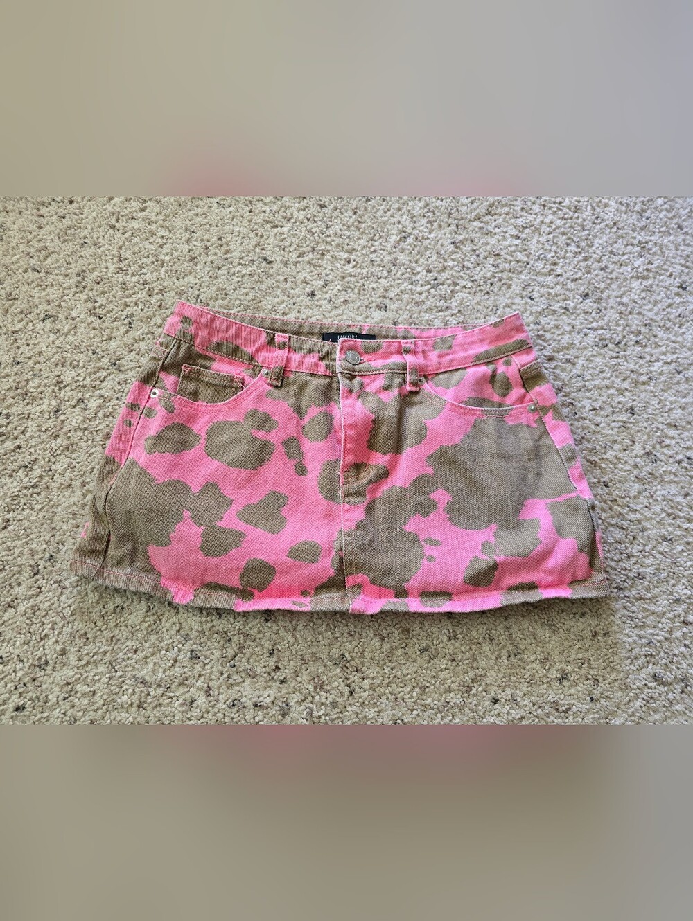 Forever 21 pink and brown cow print denim mini skirt